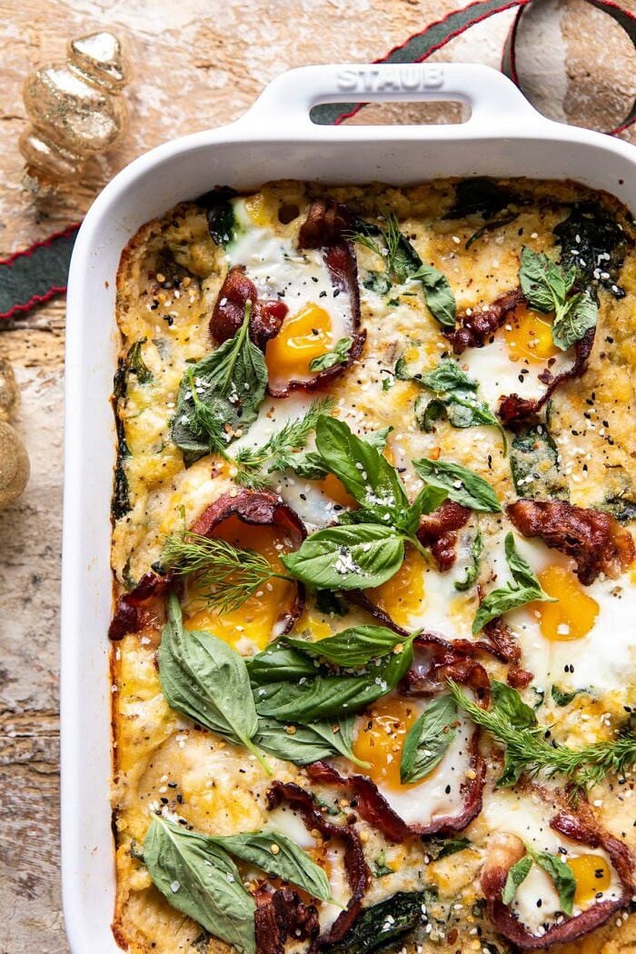 Everything Cheesy Potato and Egg Breakfast Casserole | halfbakedharvest.com #breakfast #brunch #eggs #bacon #easyrecipes overhead photo of Everything Cheesy Potato and Egg Breakfast Casserole