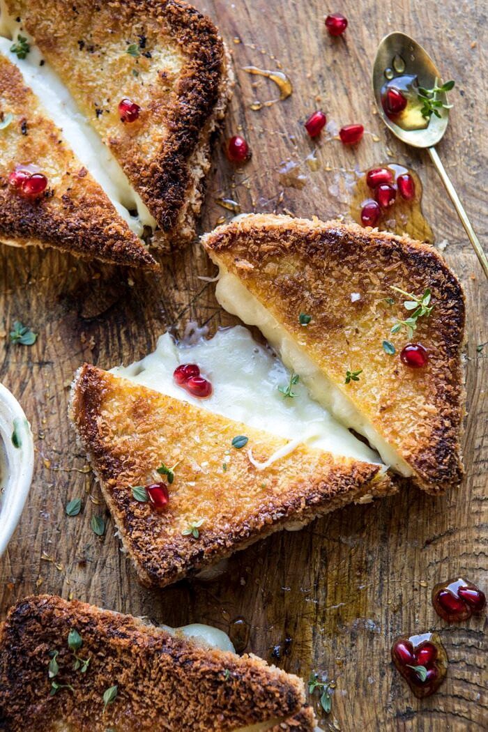 Fried Mozzarella Sandwiches with Pomegranate Honey | halfbakedharvest.com #grilledcheese #appetizer #easyrecipes #holidayrecipes #Christmas overhead photo of Fried Mozzarella Sandwiches with Pomegranate Honey