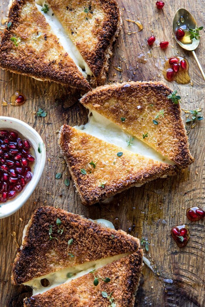Fried Mozzarella Sandwiches with Pomegranate Honey | halfbakedharvest.com #grilledcheese #appetizer #easyrecipes #holidayrecipes #Christmas overhead photo of Fried Mozzarella Sandwiches