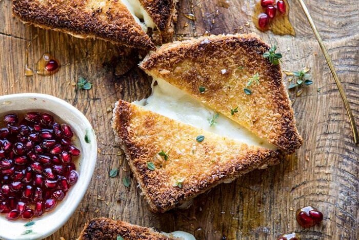 Fried Mozzarella Sandwiches with Pomegranate Honey | halfbakedharvest.com #grilledcheese #appetizer #easyrecipes #holidayrecipes #Christmas horizontal photo of Fried Mozzarella Sandwiches with Pomegranate Honey