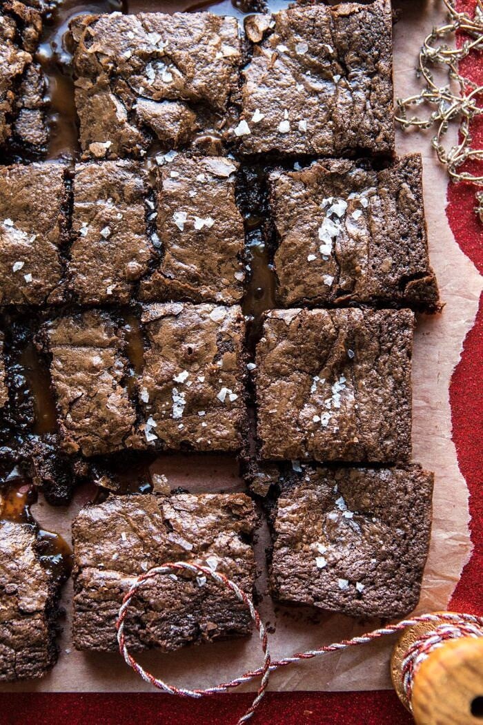 overhead photo of Salted Caramel and Milk Chocolate Brownies