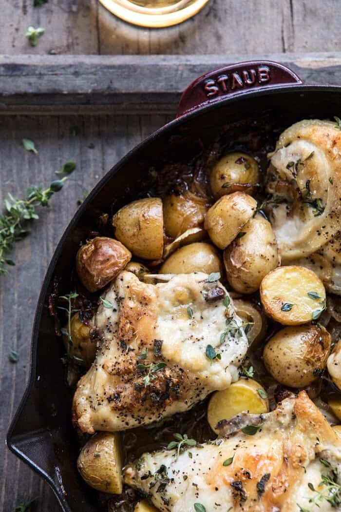overhead close up photo of Skillet Roasted French Onion Chicken and Potatoes in skillet