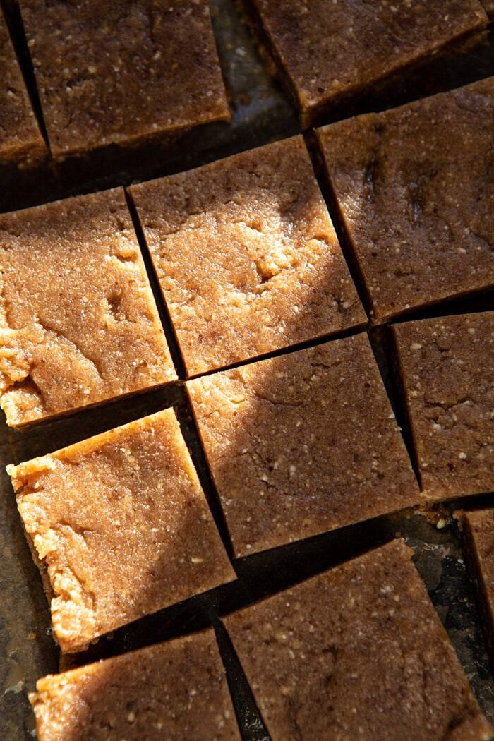 5 Ingredient Chocolate Covered Cashew Bars | halfbkaedharvest.com #chocolate #vegan #easyrecipes #dessert #healthy before adding chocolate 5 Ingredient Chocolate Covered Cashew Bars