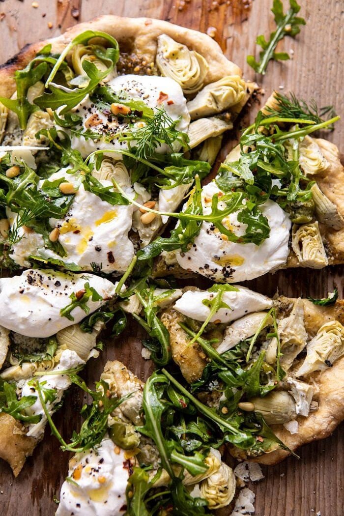 Artichoke Pesto and Burrata Pizza with Lemony Arugula | halfbakedharvest.com #pizza #healthy #burrata #easyrecipes