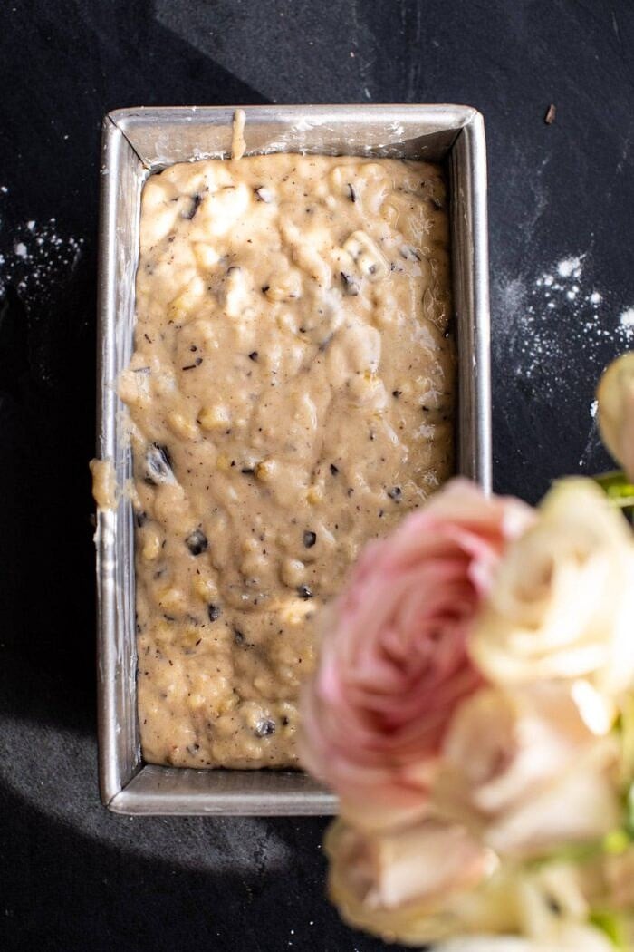 Chocolate Chunk Coconut Banana Bread | halfbakedharvest.com #bananabread #easyrecipes #healthyrecipes #chocolate #dessert Chocolate Chunk Coconut Banana Bread before baking in bread pan