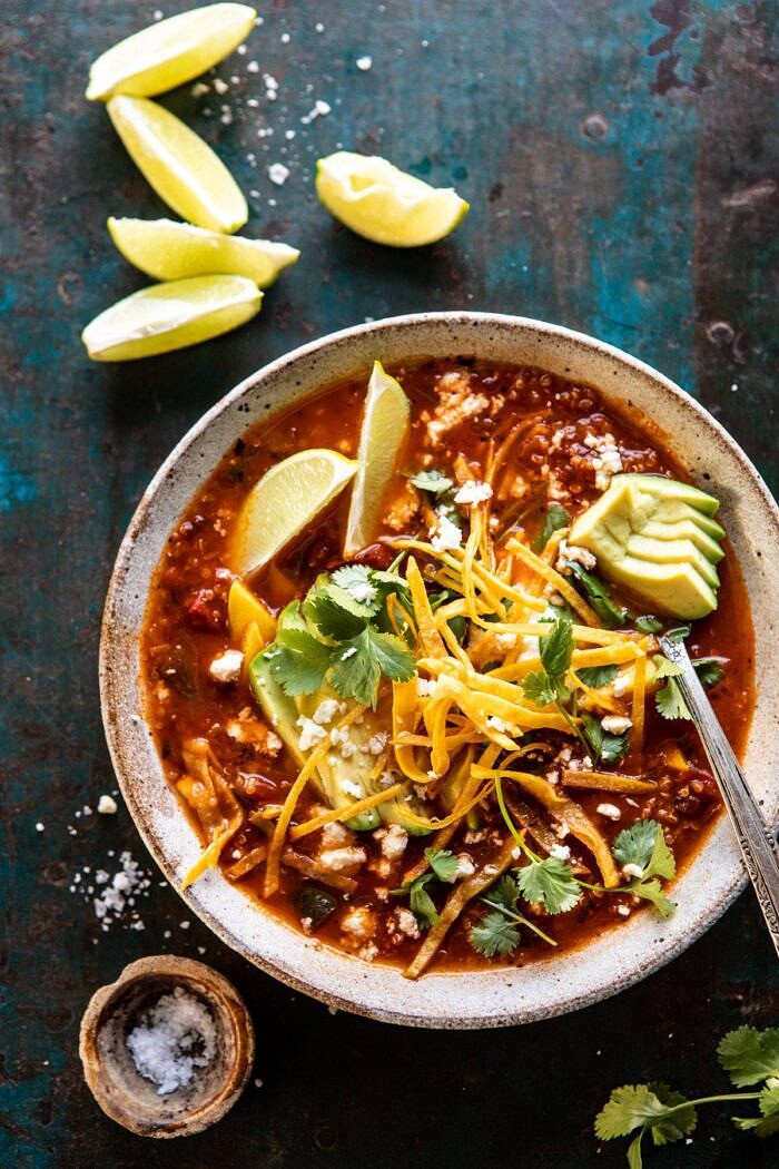 Crockpot Spicy Vegetarian Tortilla Soup with Quinoa | halfbakedharvest.com #crockpot #slowcooker #easyrecipes #healthyrecipes #healthyjanuary #mexican #soup overhead photo of Crockpot Spicy Vegetarian Tortilla Soup with Quinoa