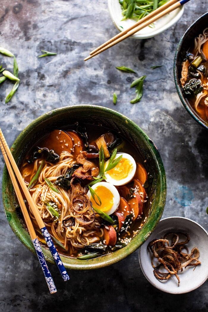 Feel Good Spicy Ramen with Sweet Potatoes and Crispy Shallots | halfbakedharvest.com #noodles #ramen #healthyrecipes #sweetpotatoes #winterrecipes #soup overhead photo of Feel Good Spicy Ramen with Sweet Potatoes and Crispy Shallots