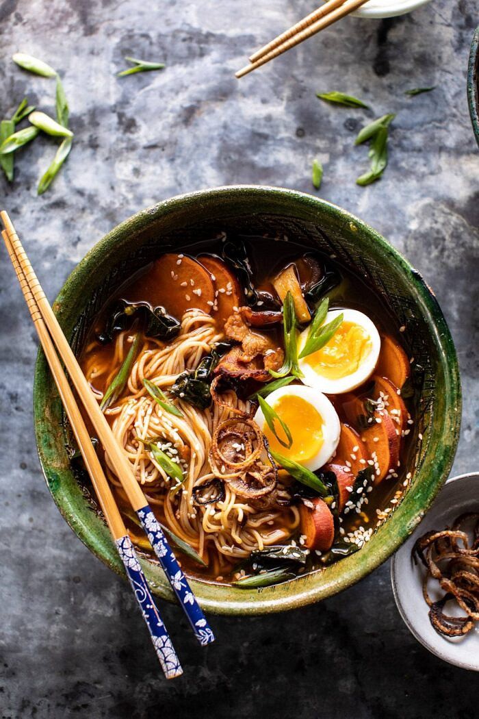 Feel Good Spicy Ramen with Sweet Potatoes and Crispy Shallots | halfbakedharvest.com #noodles #ramen #healthyrecipes #sweetpotatoes #winterrecipes #soup overhead close up photo of Feel Good Spicy Ramen with Sweet Potatoes and Crispy Shallots