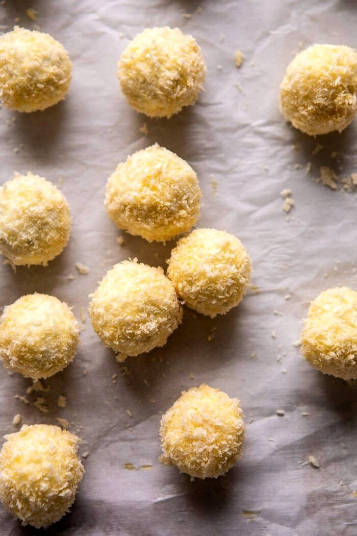 Fried Buffalo Goat Cheese Balls | halfbakedharvest.com #goatcheese #appetizers #superbowl #snacks goat cheese before frying