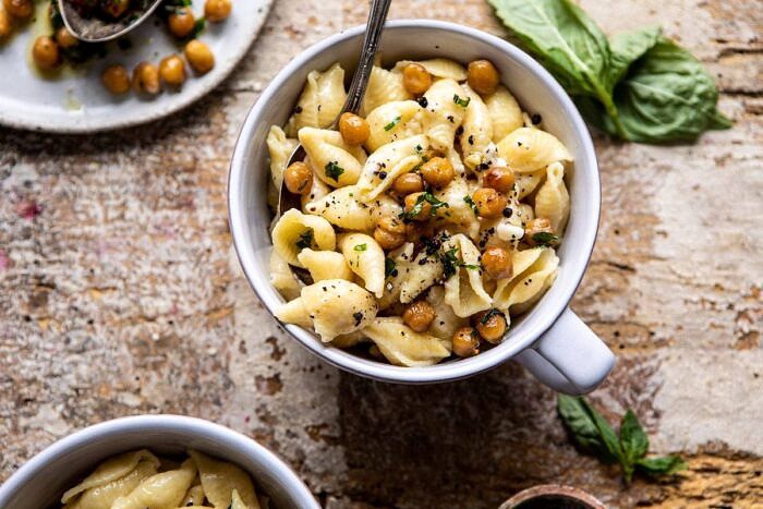 horizontal photo of Instant Pot Cacio e Pepe with Crispy Garlic Basil Chickpeas 