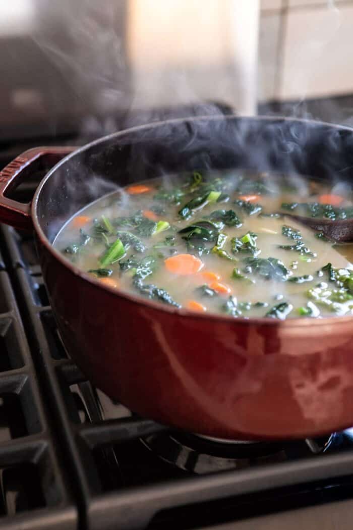 Lemony Garlic Chicken and Orzo Soup in pot on stove