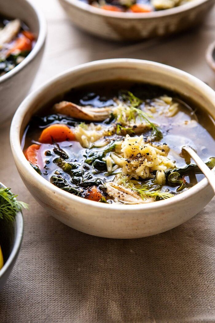 side angle photo of Lemony Garlic Chicken and Orzo Soup 