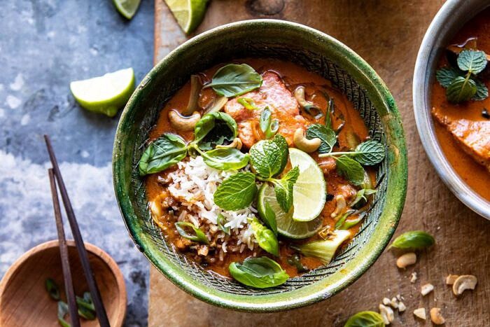 Saucy 30 Minute Thai Basil Salmon Curry | halfbakedharvest.com #healthyrecipes #salmon #curry #winterrecipes #thairecipes horizontal photo of Saucy 30 Minute Thai Basil Salmon Curry