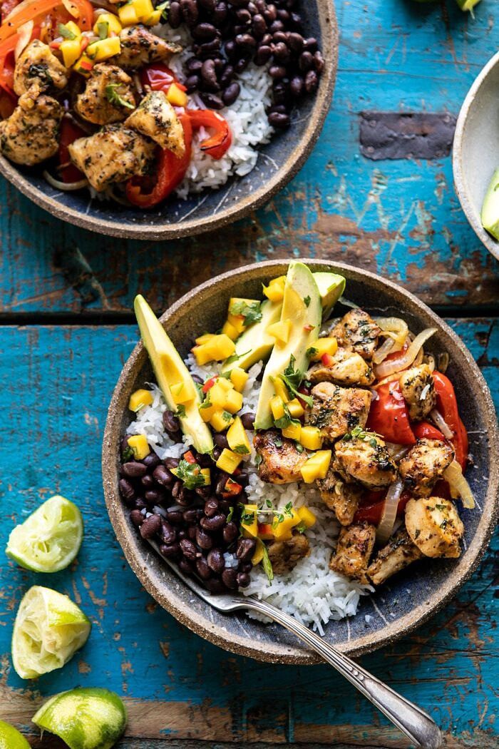 Sheet Pan Cuban Chicken and Black Bean Rice Bowl | halfbakedharvest.com #sheetpan #healthy #chicken #bowlrecipes #quick #easy overhead photo of Sheet Pan Cuban Chicken and Black Bean Rice Bowl