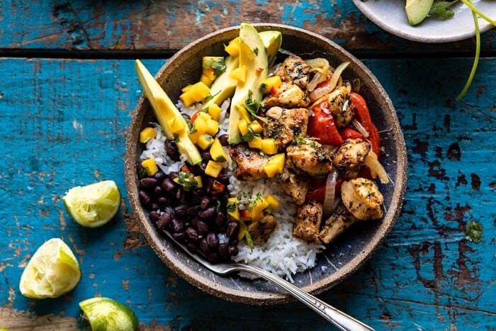 Sheet Pan Cuban Chicken and Black Bean Rice Bowl | halfbakedharvest.com #sheetpan #healthy #chicken #bowlrecipes #quick #easy horizontal photo of Sheet Pan Cuban Chicken and Black Bean Rice Bowl