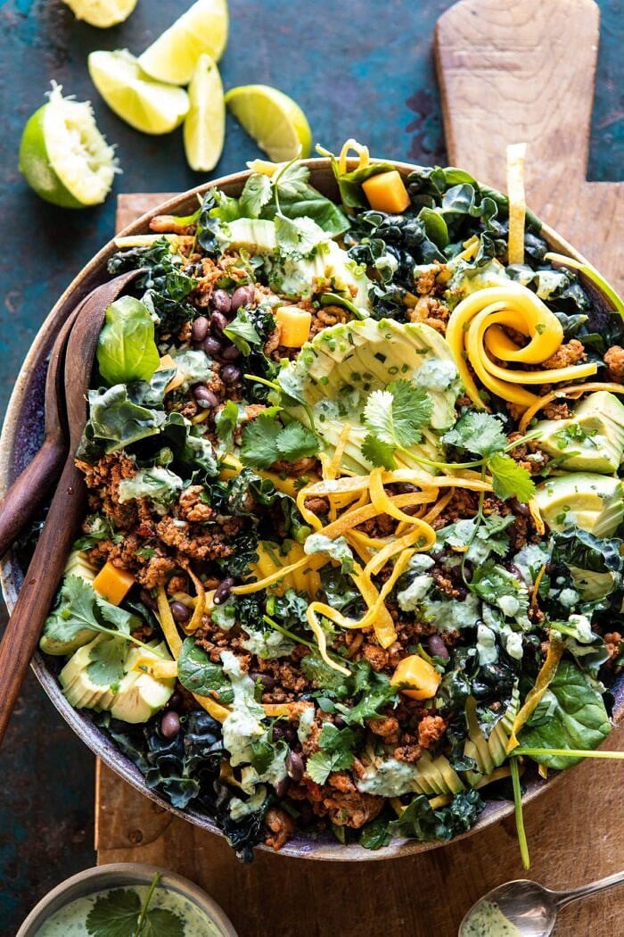 overhead close up photo of Spicy Turkey Taco Salad with Baja Dressing
