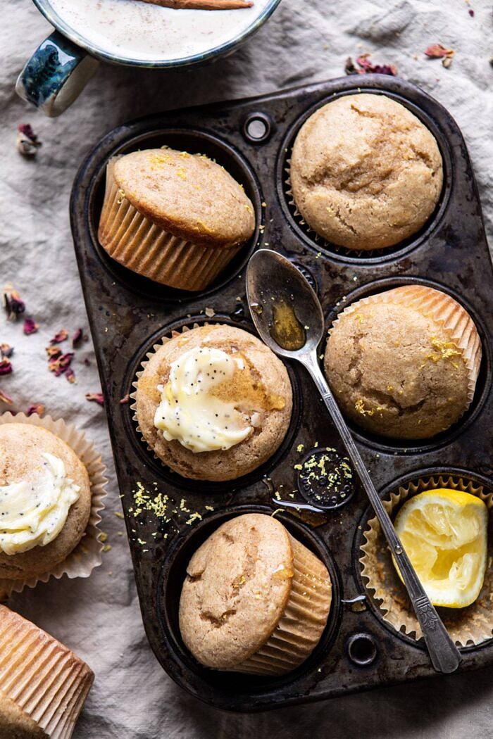 Vanilla Chai Lemon Ricotta Muffins | halfbakedharvest.com #breakfast #brunch #healthyrecipes #lemon #winter #chai overhead photo of Vanilla Chai Lemon Ricotta Muffins