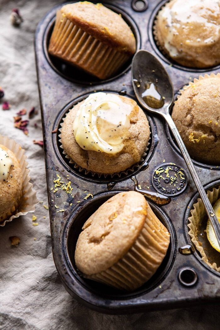 Vanilla Chai Lemon Ricotta Muffins | halfbakedharvest.com #breakfast #brunch #healthyrecipes #lemon #winter #chai side angle photo of Vanilla Chai Lemon Ricotta Muffins