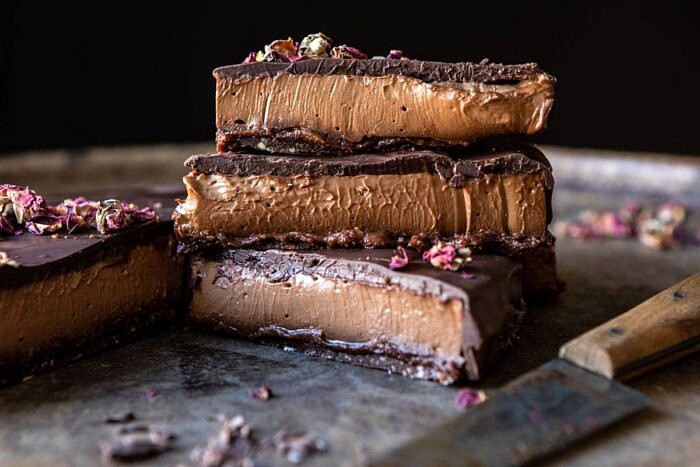 Vegan Triple Chocolate Mousse Cake | halfbakedharvest.com #chocolate #vegan #easyrecipes #dessert #cake #healthyrecipes horizontal photo of Vegan Triple Chocolate Mousse Cake