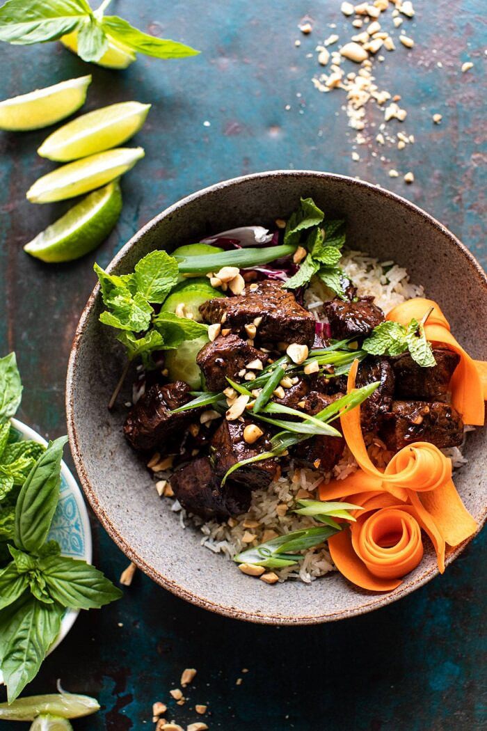 30 Minute Vietnamese Beef and Crispy Rice Bowl | halfbakedharvest.com #beef #thai #easyrecipes #healthy #recipebowl overhead photo of 30 Minute Vietnamese Beef and Crispy Rice Bowl