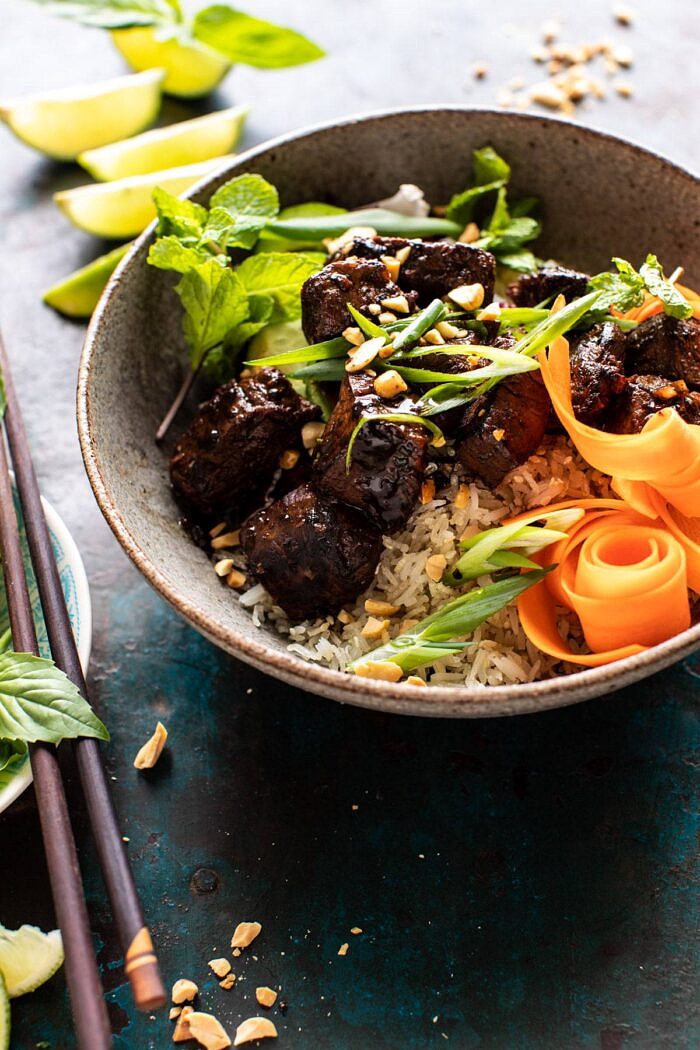 30 Minute Vietnamese Beef and Crispy Rice Bowl | halfbakedharvest.com #beef #thai #easyrecipes #healthy #recipebowl side angle photo of 30 Minute Vietnamese Beef and Crispy Rice Bowl
