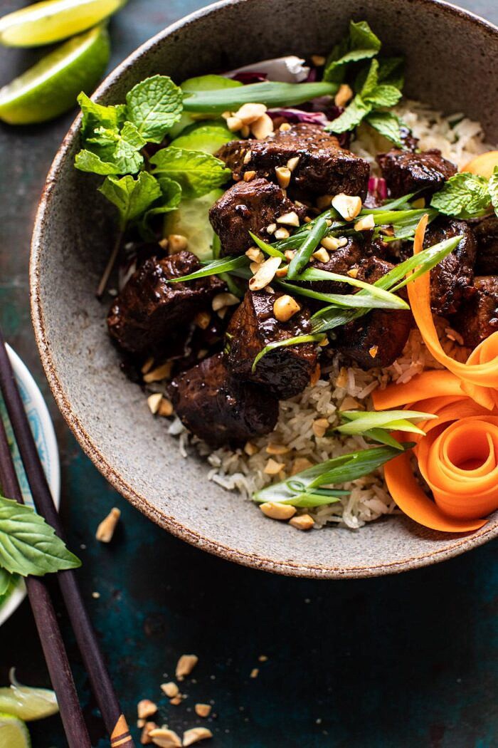 30 Minute Vietnamese Beef and Crispy Rice Bowl | halfbakedharvest.com #beef #thai #easyrecipes #healthy #recipebowl overhead close up photo of 30 Minute Vietnamese Beef and Crispy Rice Bowl