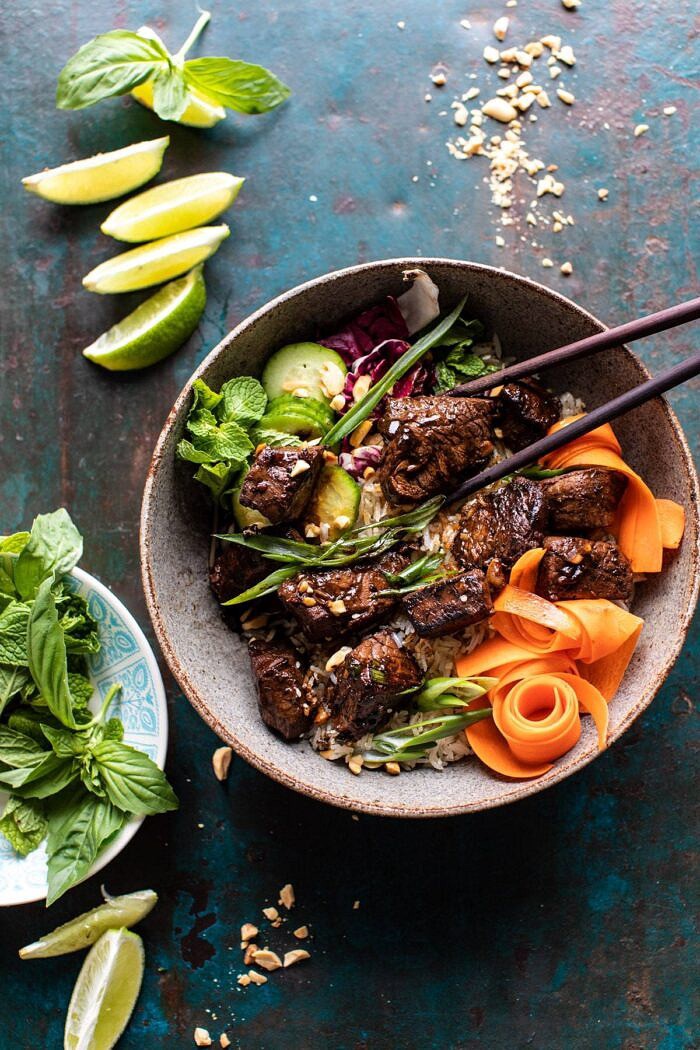 30 Minute Vietnamese Beef and Crispy Rice Bowl | halfbakedharvest.com #beef #thai #easyrecipes #healthy #recipebowl overhead photo of 30 Minute Vietnamese Beef and Crispy Rice Bowl with chopsticks in bowl