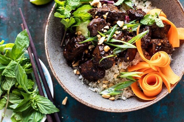 30 Minute Vietnamese Beef and Crispy Rice Bowl | halfbakedharvest.com #beef #thai #easyrecipes #healthy #recipebowl horizontal photo of 30 Minute Vietnamese Beef and Crispy Rice Bowl