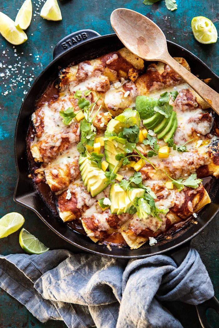 Chipotle Cheddar Cauliflower Black Bean Enchiladas | halfbakedharvest.com #mexican #vegetarian #avocado #healthy