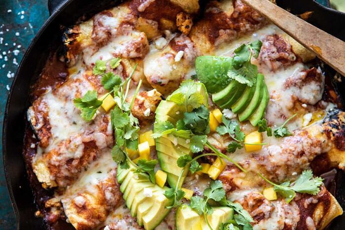 Chipotle Cheddar Cauliflower Black Bean Enchiladas | halfbakedharvest.com #mexican #vegetarian #avocado #healthy horizontal photo of Chipotle Cheddar Cauliflower Black Bean Enchiladas