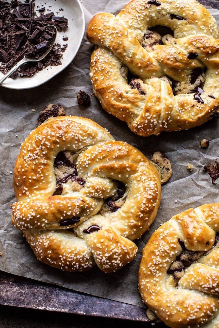 Chocolate Chip Cookie Stuffed Soft Pretzels | halfbakedharvest.com #pretzels #cookies #chocolatechipcookies #dessert #superbowl