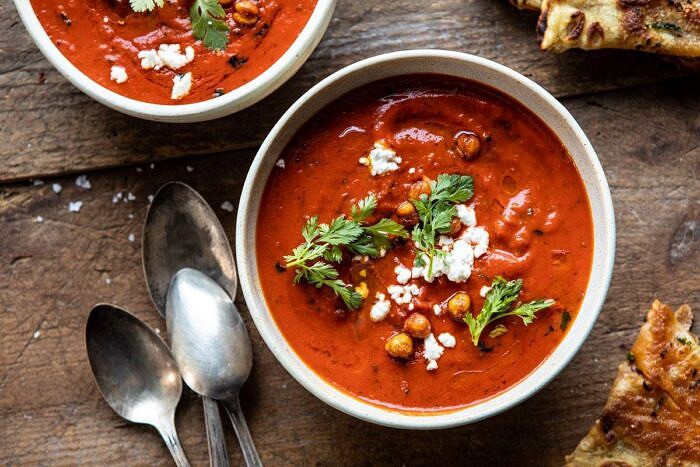 Creamy Moroccan Tomato Soup | halfbakedharvest.com #tomatosoup #easyrecipes #healthy #soup #vegan horizontal photo of Creamy Moroccan Tomato Soup