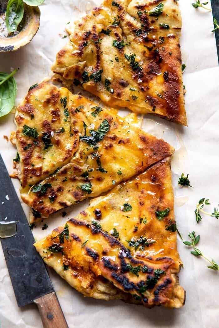 Garlic Naan Grilled Cheese | halfbakedharvest.com #naan #grilledcheese #easyrecipes overhead close up photo of Garlic Naan Grilled Cheese