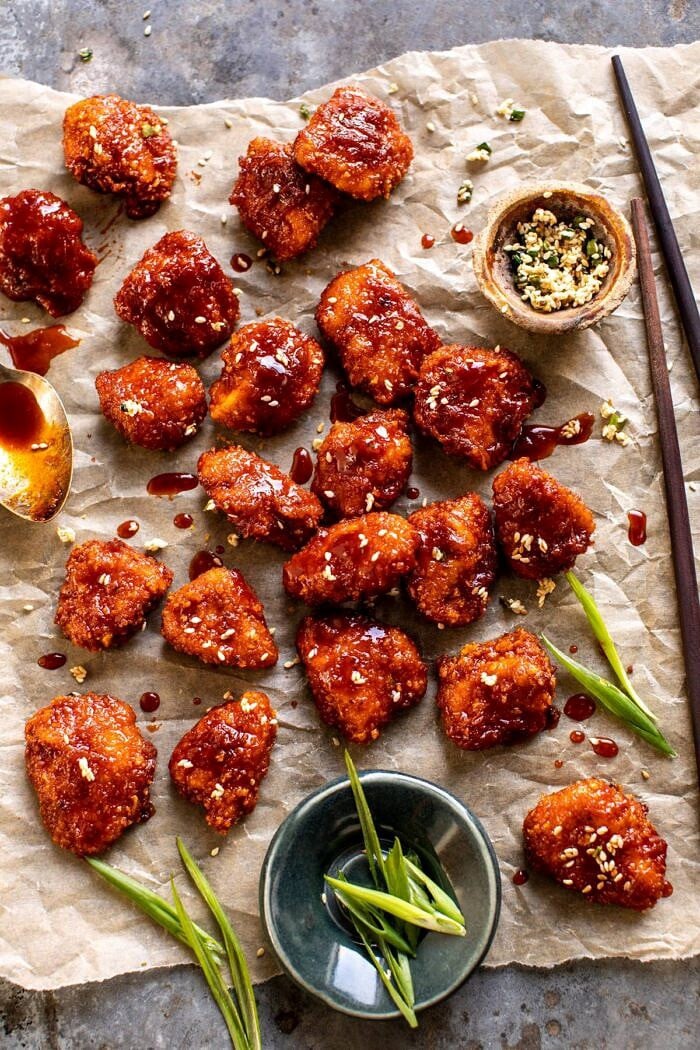 Oven Fried Korean Popcorn Chicken | halfbakedharvest.com #chicken #koreanrecipes #easyrecipes #dinnerrecipes overhead photo of Oven Fried Korean Popcorn Chicken
