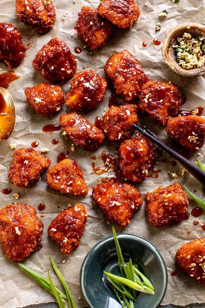 Oven Fried Korean Popcorn Chicken | halfbakedharvest.com #chicken #koreanrecipes #easyrecipes #dinnerrecipes overhead photo of Oven Fried Korean Popcorn Chicken