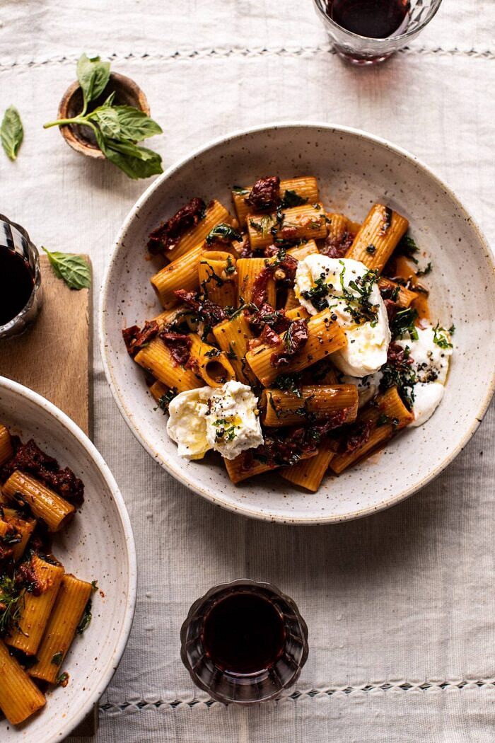 overhead photo of Quick Pantry Pasta with Sun-Dried Tomatoes and Burrata 