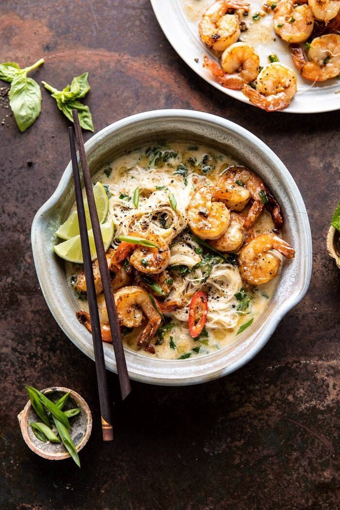 Saucy Garlic Butter Shrimp with Coconut Milk and Rice Noodles | halfbakedharvest.com #shrimp #easyrecipes #healthy #seafood #thairecipes #asian