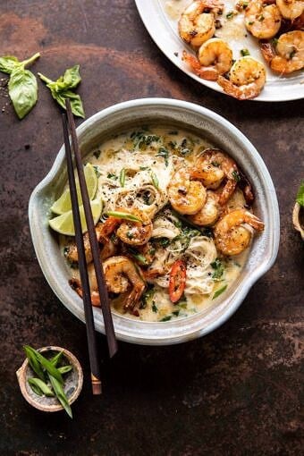 Saucy Garlic Butter Shrimp with Coconut Milk and Rice Noodles | halfbakedharvest.com #shrimp #easyrecipes #healthy #seafood #thairecipes #asian