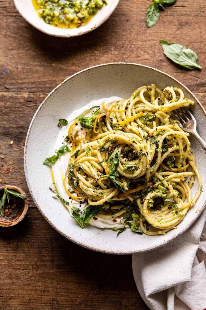 Broccoli Pesto Pasta with Whipped Ricotta | halfbakedharvest.com #broccoli #pasta #easyrecipes #healthyrecipes