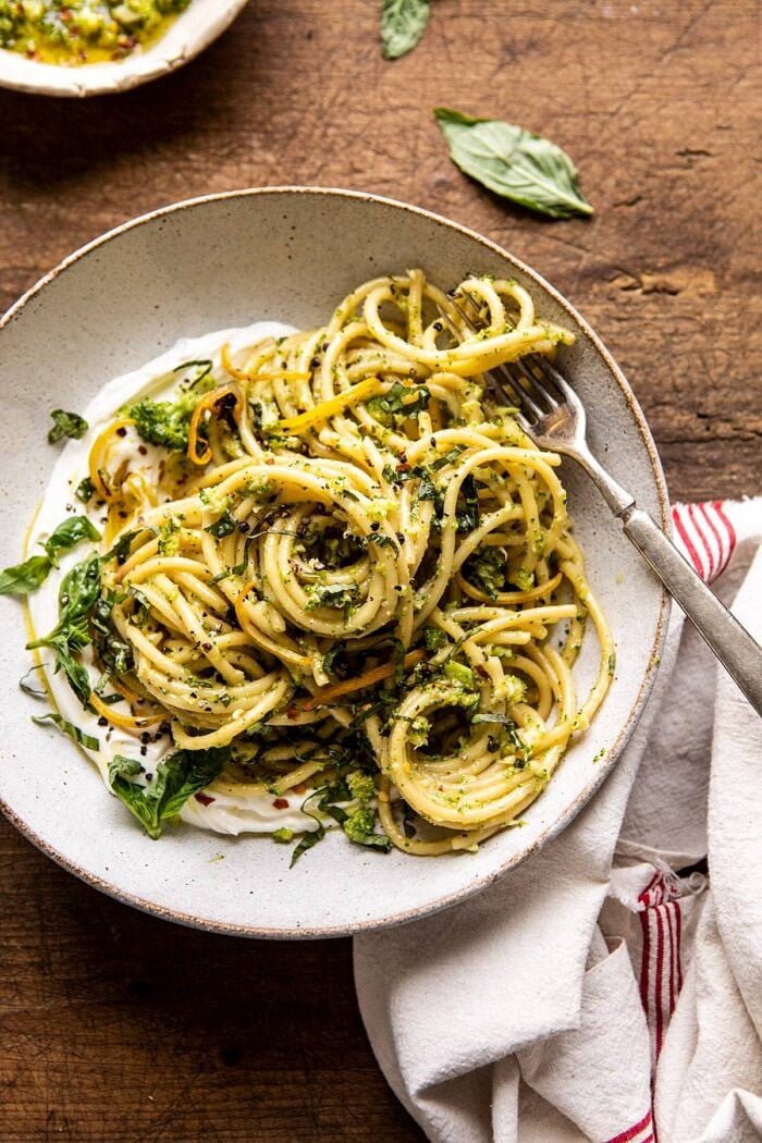 Broccoli Pesto Pasta with Whipped Ricotta | halfbakedharvest.com #broccoli #pasta #easyrecipes #healthyrecipes