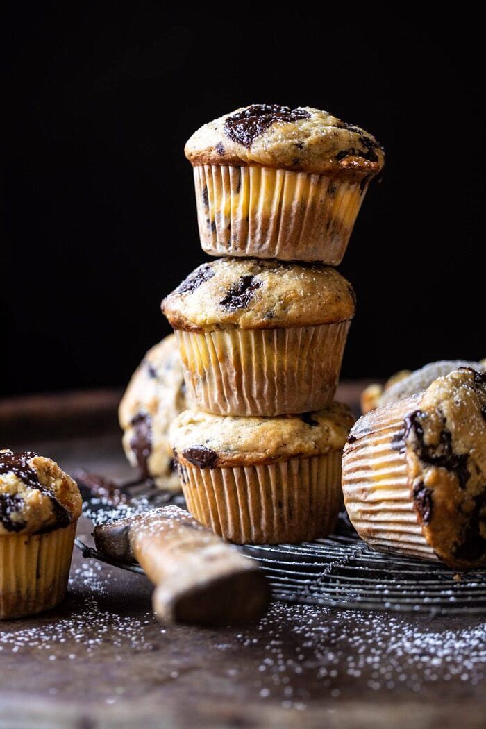 Cheesecake Stuffed Chocolate Chunk Banana Bread Muffins | halfbakedharvest.com #muffins #cheesecake #bananamuffin #dessert Cheesecake Stuffed Chocolate Chunk Banana Bread Muffins 3 stacked on top of each other