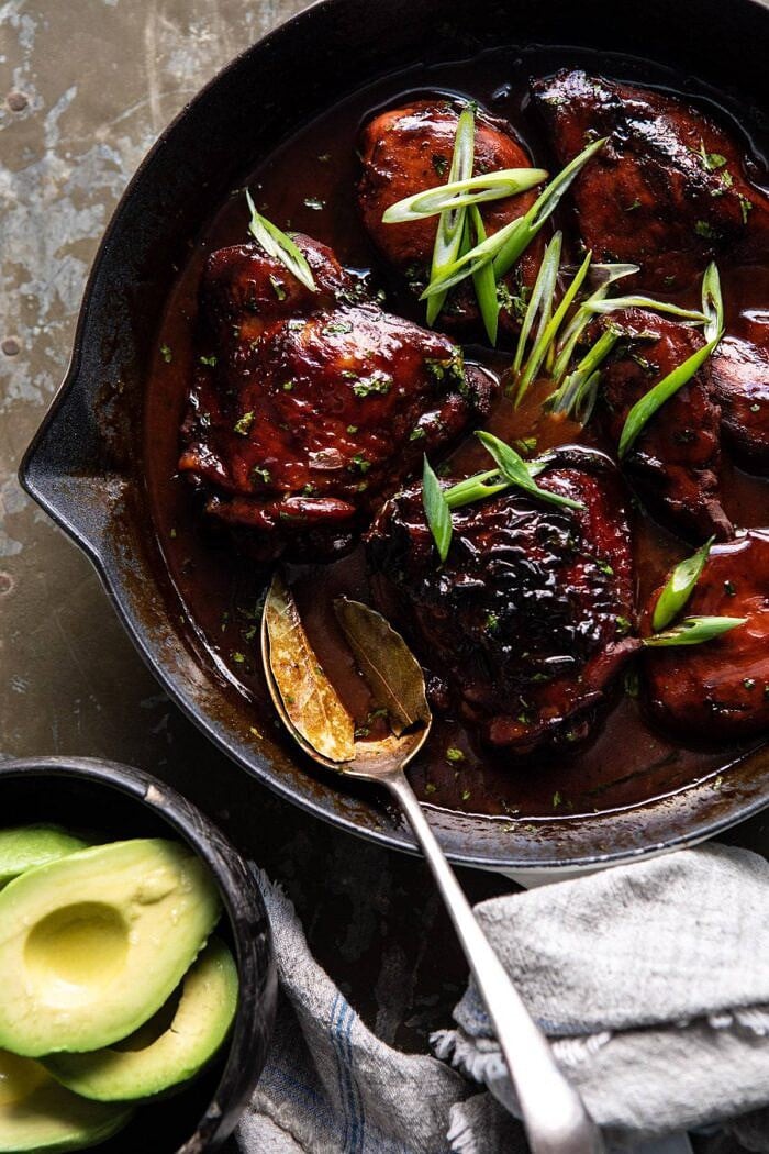 Filipino Coconut Adobo Chicken | halfbakedharvest.com #chicken #easyrecipes #skilletrecipes #adobochicken overhead close up photo of Filipino Coconut Adobo Chicken