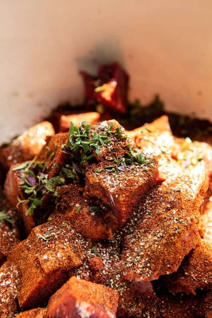 30 Minute Cajun Butter Steak and Peppers | halfbakedharvest.com #easyrecipes #steak #dinner #familyrecipes Cajun Butter Steak in bowl before cooking