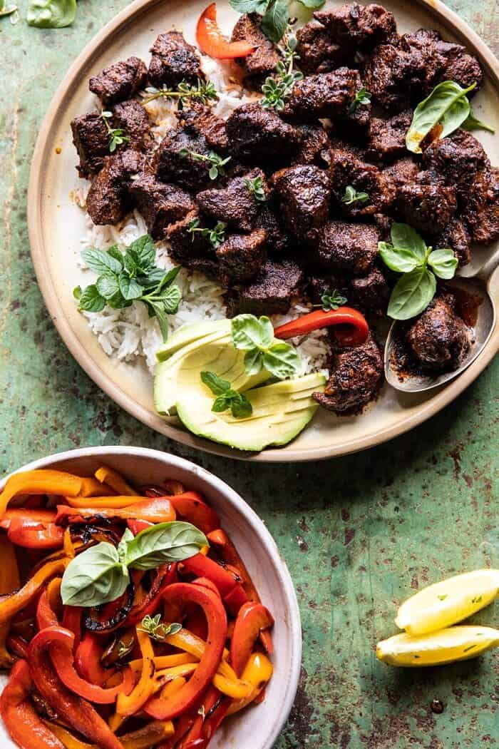 30 Minute Cajun Butter Steak and Peppers | halfbakedharvest.com #easyrecipes #steak #dinner #familyrecipes overhead close up photo of 30 Minute Cajun Butter Steak and Peppers