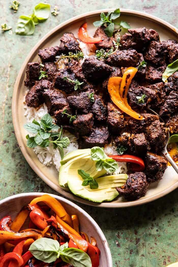 30 Minute Cajun Butter Steak and Peppers | halfbakedharvest.com #easyrecipes #steak #dinner #familyrecipes overhead close up photo of 30 Minute Cajun Butter Steak and Peppers
