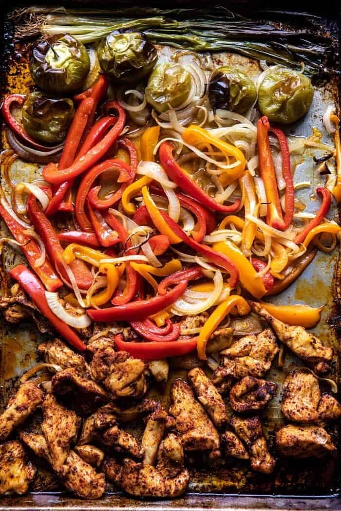 overhead photo of 30 Minute Chicken Fajitas after baking on baking sheet