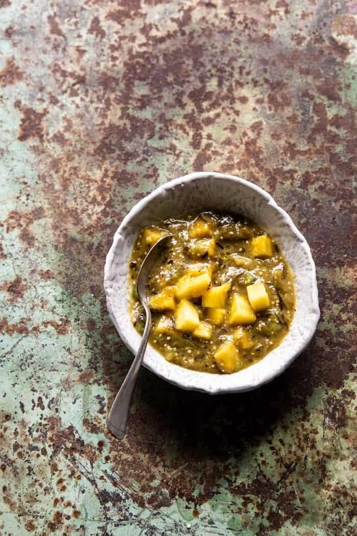 30 Minute Chicken Fajitas with Roasted Pineapple Salsa Verde | halfbakedharvest.com #chickenrecipes #mexicanrecipes #dinner #fajitas #healthyrecipes overhead photo of Roasted Pineapple Salsa Verde