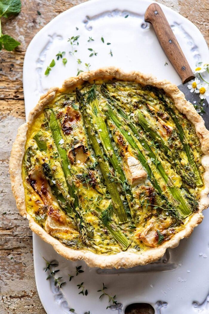 Asparagus and Brie Quiche | halfbakedharvest.com #quiche #brunch #springrecipes #easter overhead photo of Asparagus and Brie Quiche