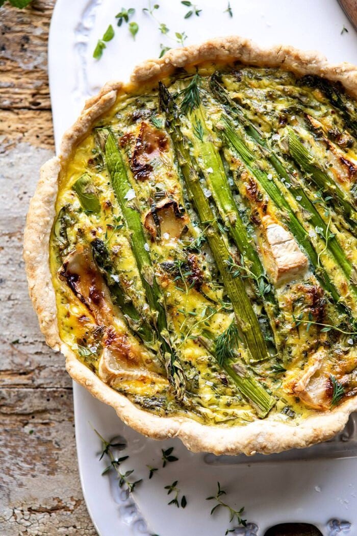 Asparagus and Brie Quiche | halfbakedharvest.com #quiche #brunch #springrecipes #easter overhead close up photo of Asparagus and Brie Quiche