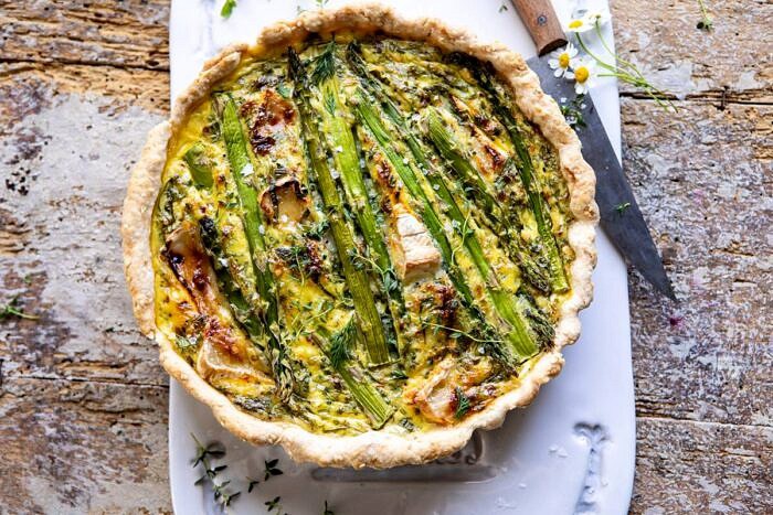 Asparagus and Brie Quiche | halfbakedharvest.com #quiche #brunch #springrecipes #easter horizontal photo of Asparagus and Brie Quiche